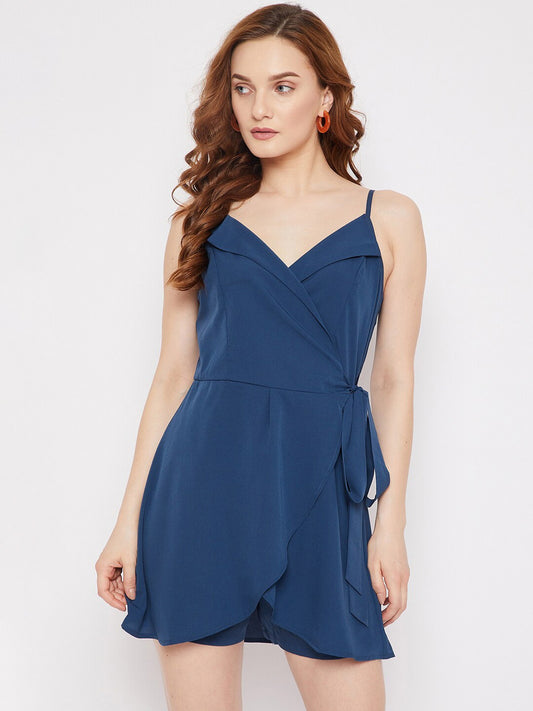 Women Blue Solid Side Knot Wrap Jumpsuit Berrylush