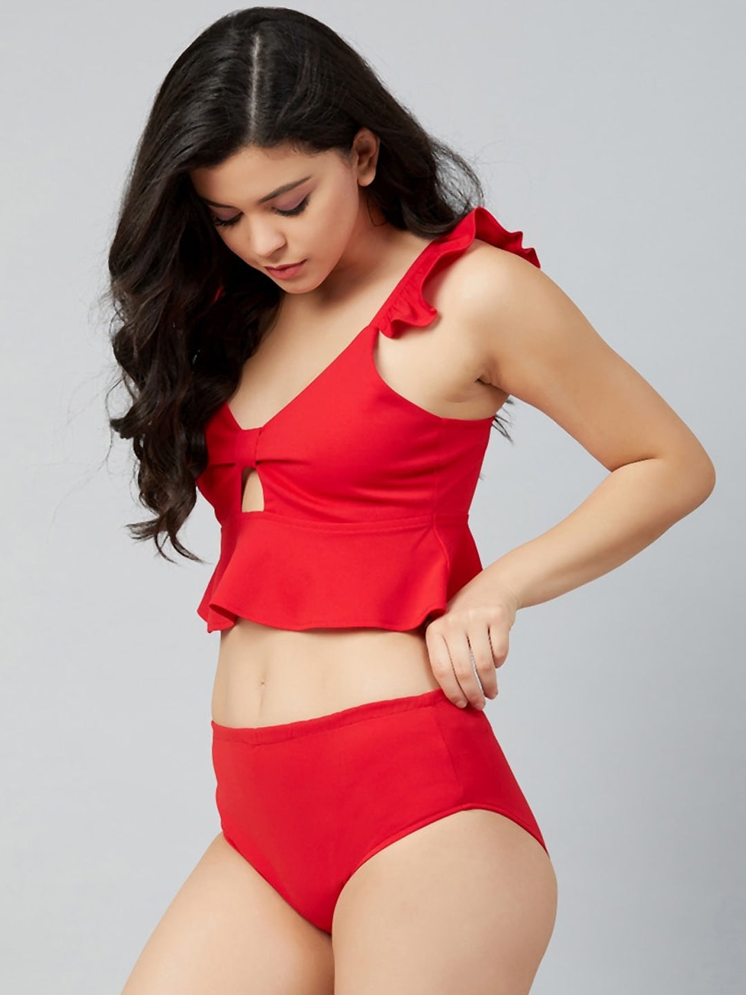 Women Red Solid Two-Piece Swim Set Athena