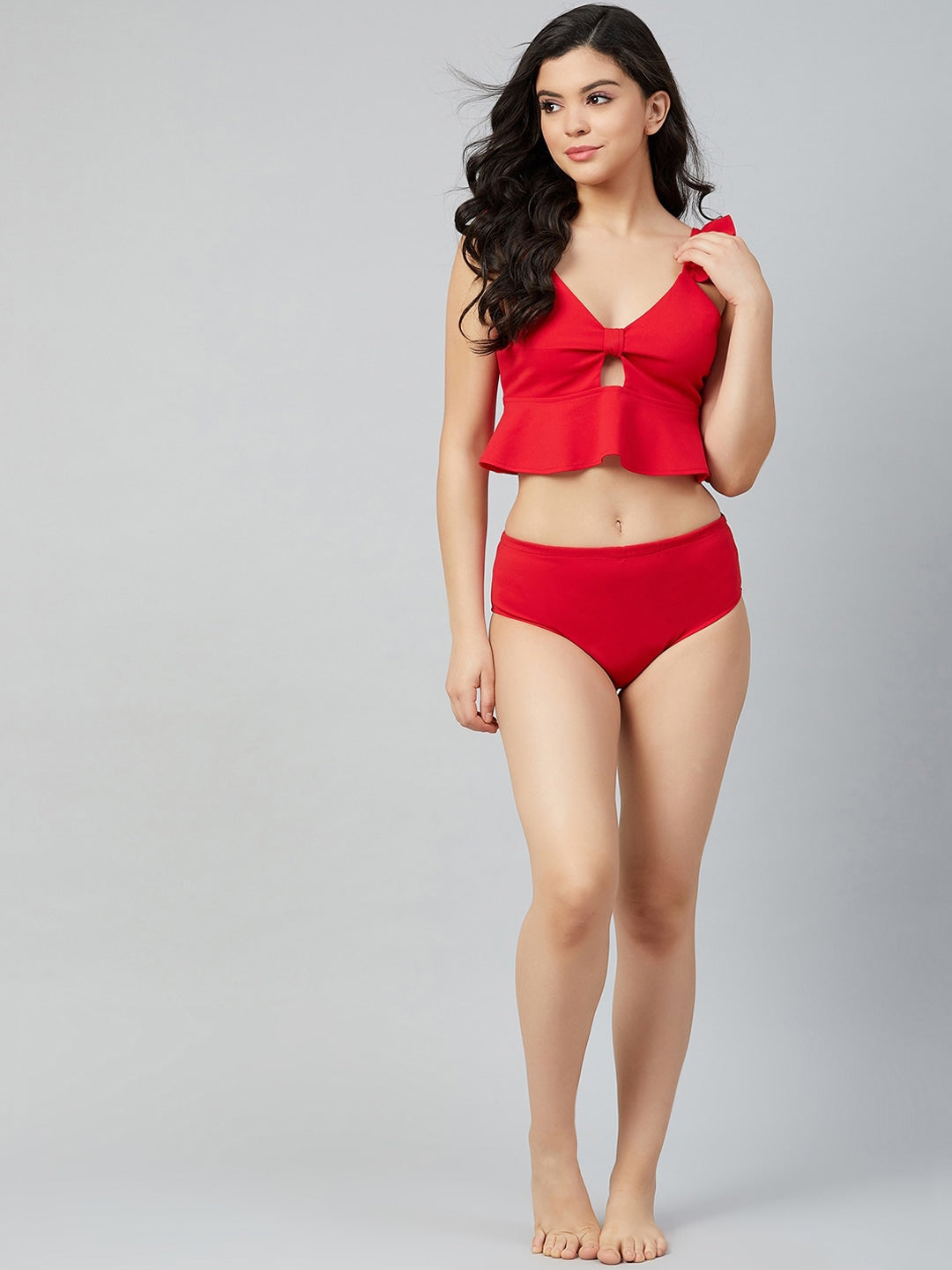 Women Red Solid Two-Piece Swim Set Athena